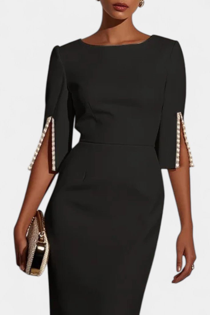 Abito midi da sera autunnale per donna, con maniche a perle, ideale per party chic.