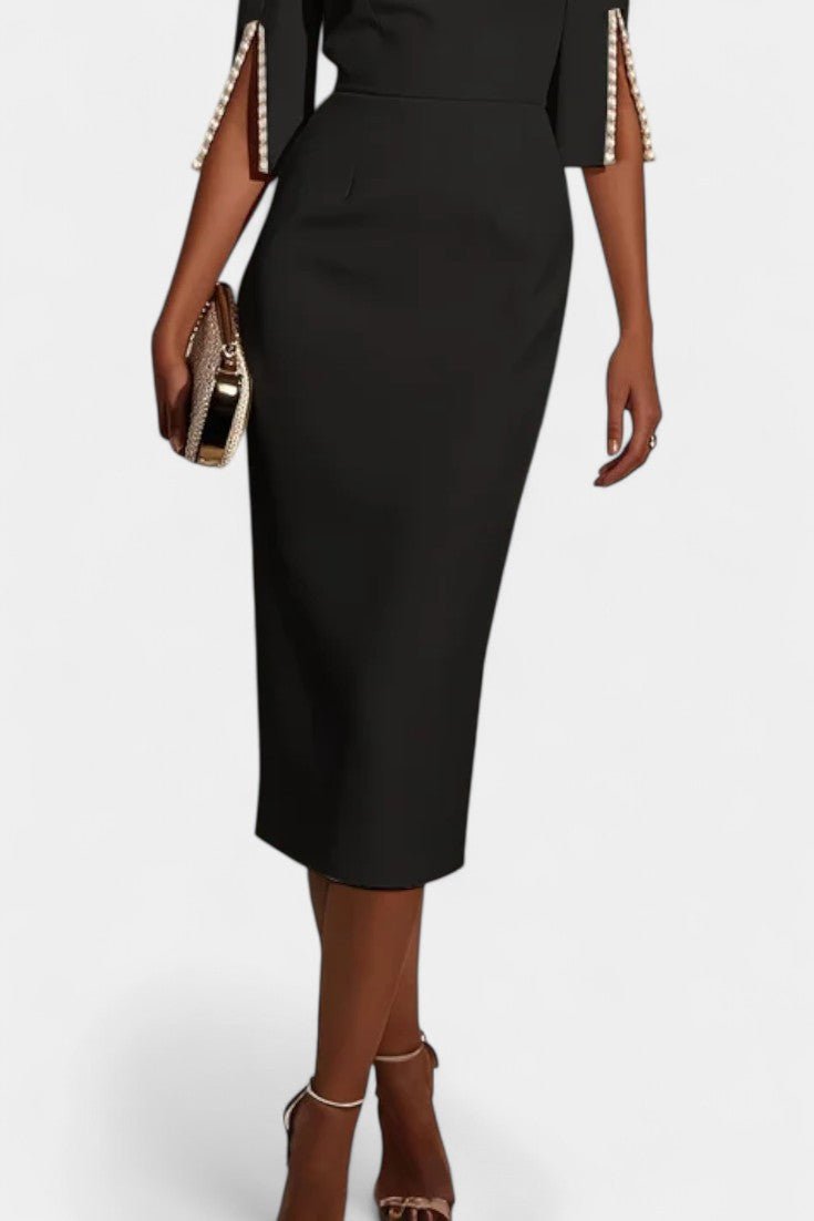 Abito midi donna da cerimonia, maniche a perle, elegante e chic.