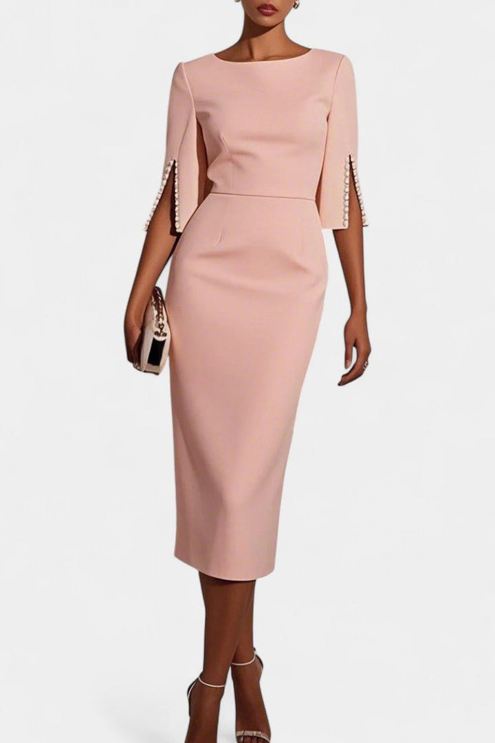 Elegante abito midi donna per occasioni speciali, maniche a perle.