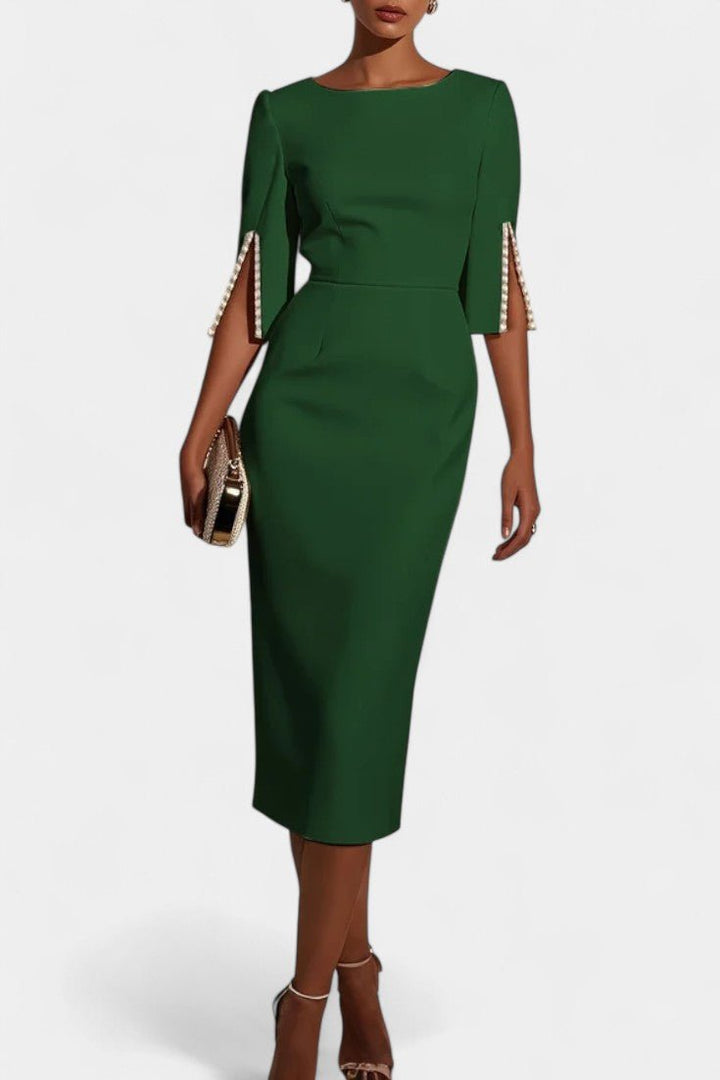 Vestito da cerimonia per invitata, midi, con maniche a perle, stile chic.