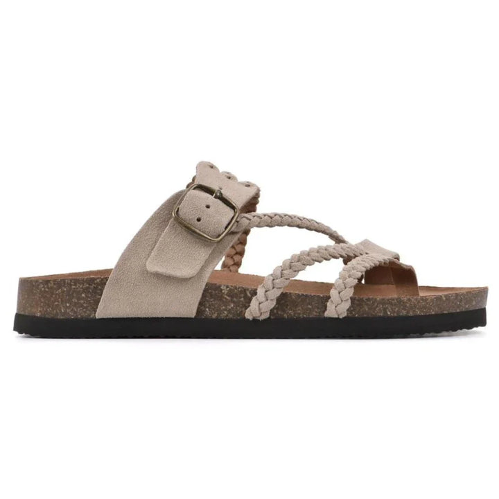 Sandali donna intrecciati beige con fibbia, design alla moda per il massimo comfort estivo.