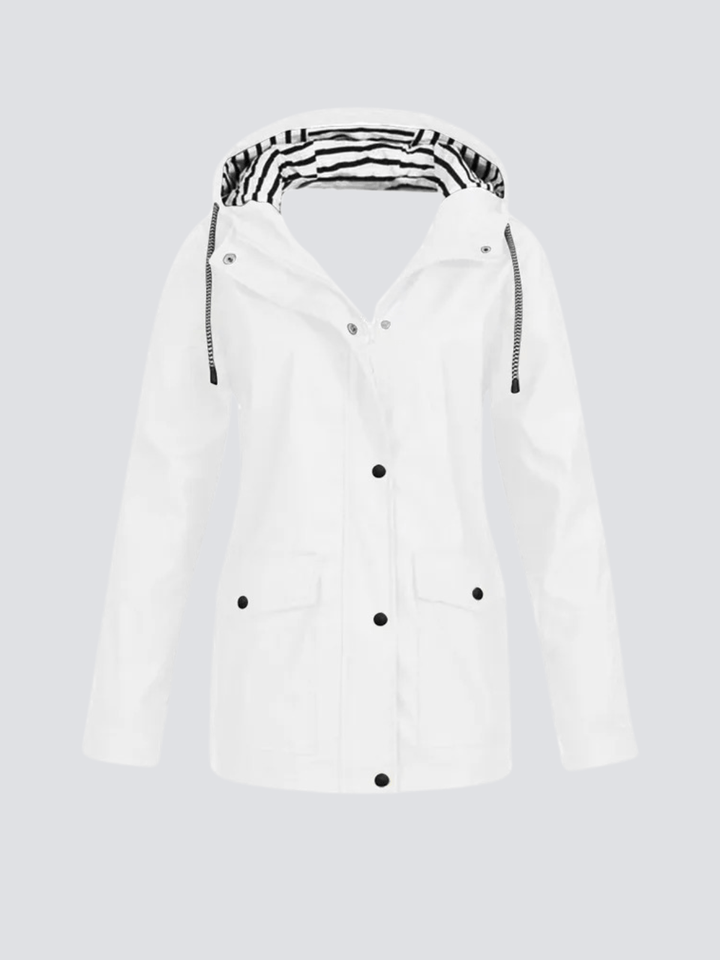 Giacca da donna comoda e leggera con cappuccio, chiusura lampo, per un outfit casual chic di tendenza.