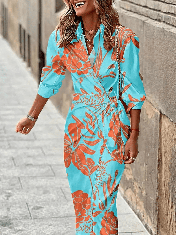 Abito estivo donna, maxi abito elegante con colletto a portafoglio. Perfetto per la moda estiva e look femminili.