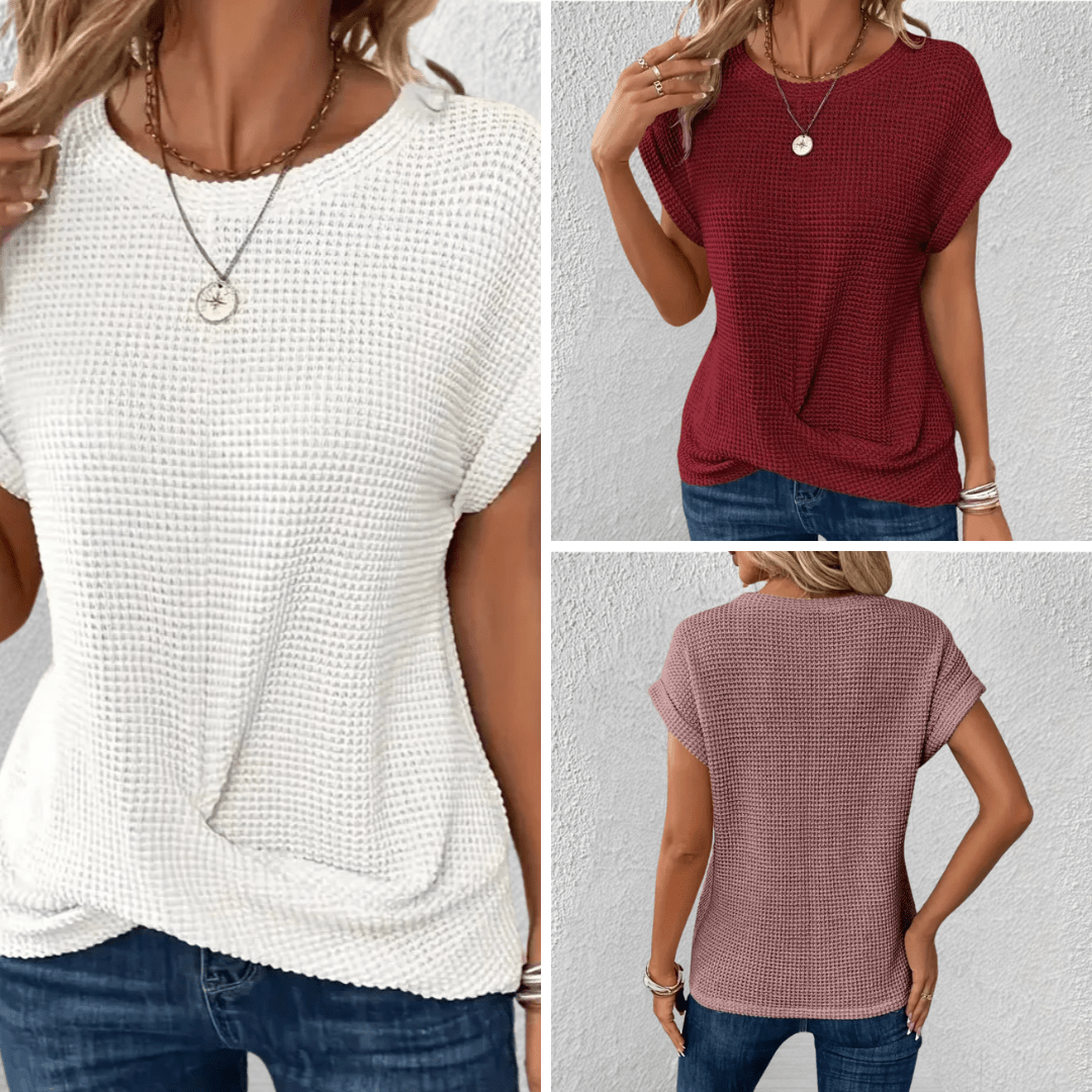 Outfit donna elegante con top girocollo e trama. Camicetta versatile perfetta per diverse occasioni.