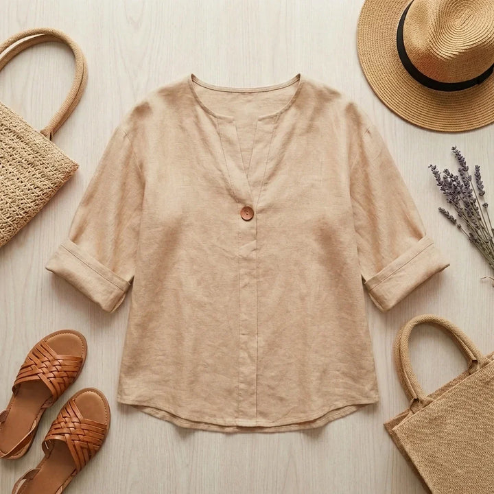 Tunica donna estiva, blusa comoda oversize con scollo a V, ideale per un outfit da giorno casual.