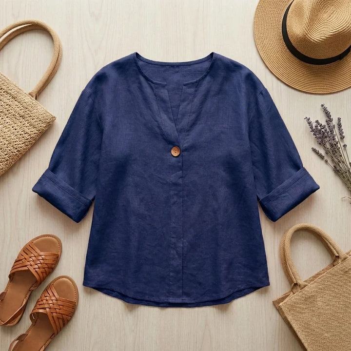 Tunica donna leggera e fluida, blusa oversize con scollo a V, comfort per primavera ed estate. Moda donna.