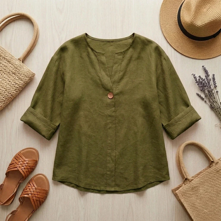 Tunica donna con scollo a V, blusa comoda e oversize, ideale per un look casual estivo. Top leggero moda.