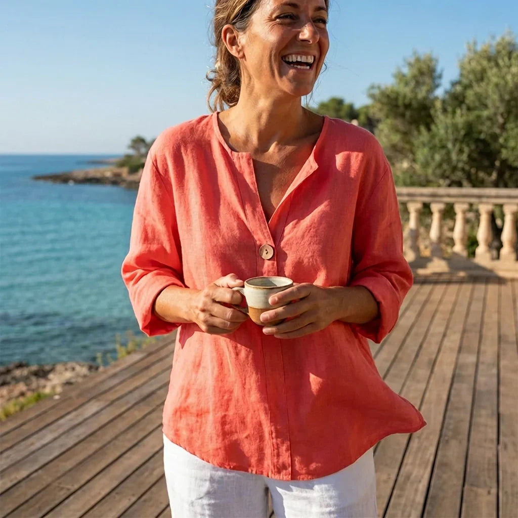 Blusa donna comoda e fresca, tunica leggera con scollo a V, ideale per l'estate. Abbigliamento moda donna.