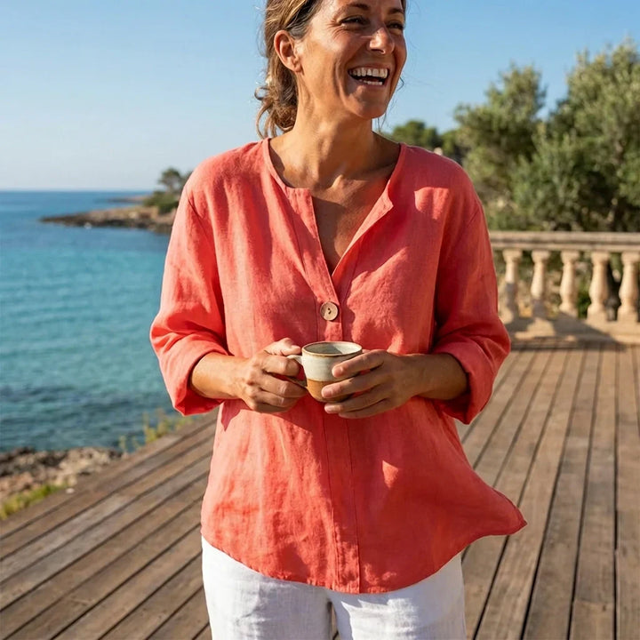 Blusa donna comoda e fresca, tunica leggera con scollo a V, ideale per l'estate. Abbigliamento moda donna.