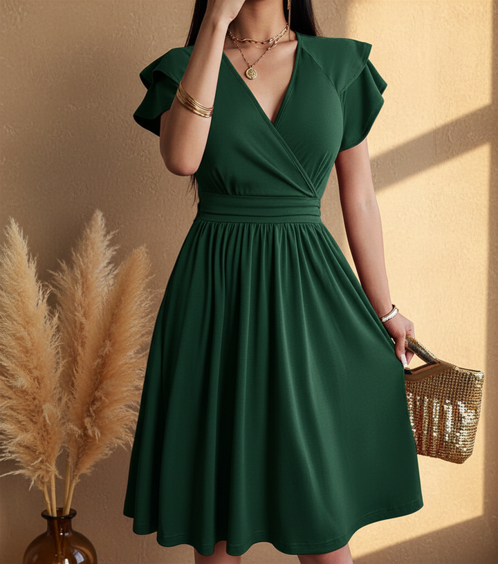 Donna indossa abito midi a portafoglio, ideale per look casual estivi o outfit eleganti primaverili.