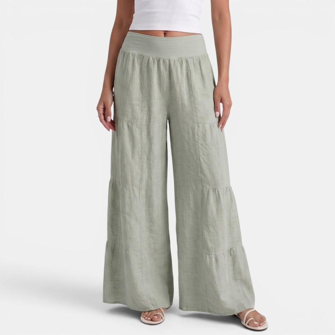 Pantaloni donna ampi in lino color sabbia, taglio fluido estivo, ideali per comfort e stile casual chic.