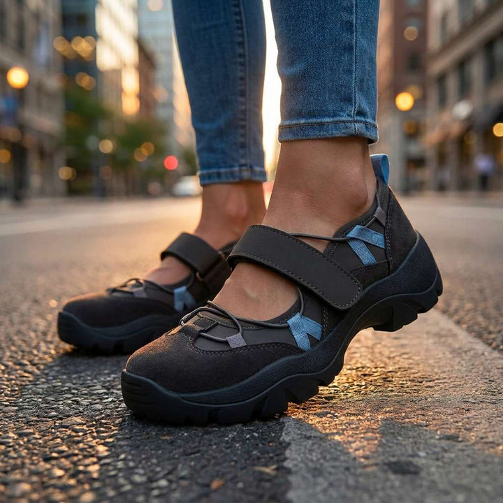 Calzature donna: mocassini comfort con cinturino regolabile e suola spessa per un supporto ottimale.