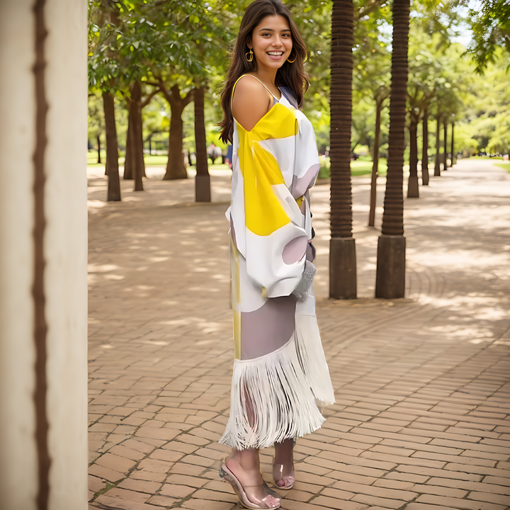 Abito midi donna estivo monospalla giallo, stile a portafoglio, perfetto per eventi eleganti.