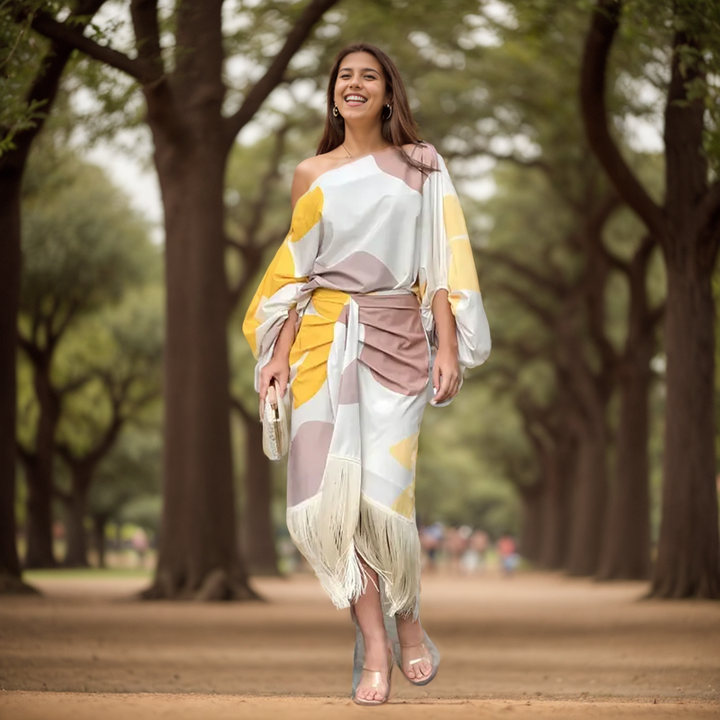 Abito elegante midi monospalla da donna con taglio a portafoglio, per serate di gala e cerimonie estive.