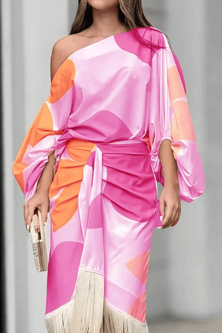 Abito donna elegante midi monospalla a portafoglio. Perfetto per serate, feste e occasioni speciali.