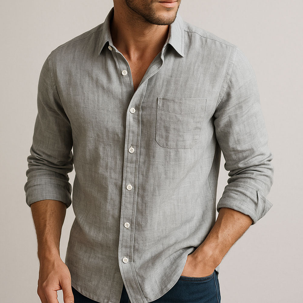 Camicia da uomo traspirante con collo classico, maniche lunghe. Ideale per abbigliamento maschile elegante o casual.