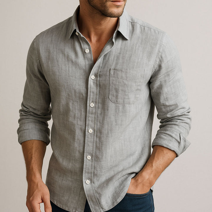 Camicia da uomo traspirante con collo classico, maniche lunghe. Ideale per abbigliamento maschile elegante o casual.