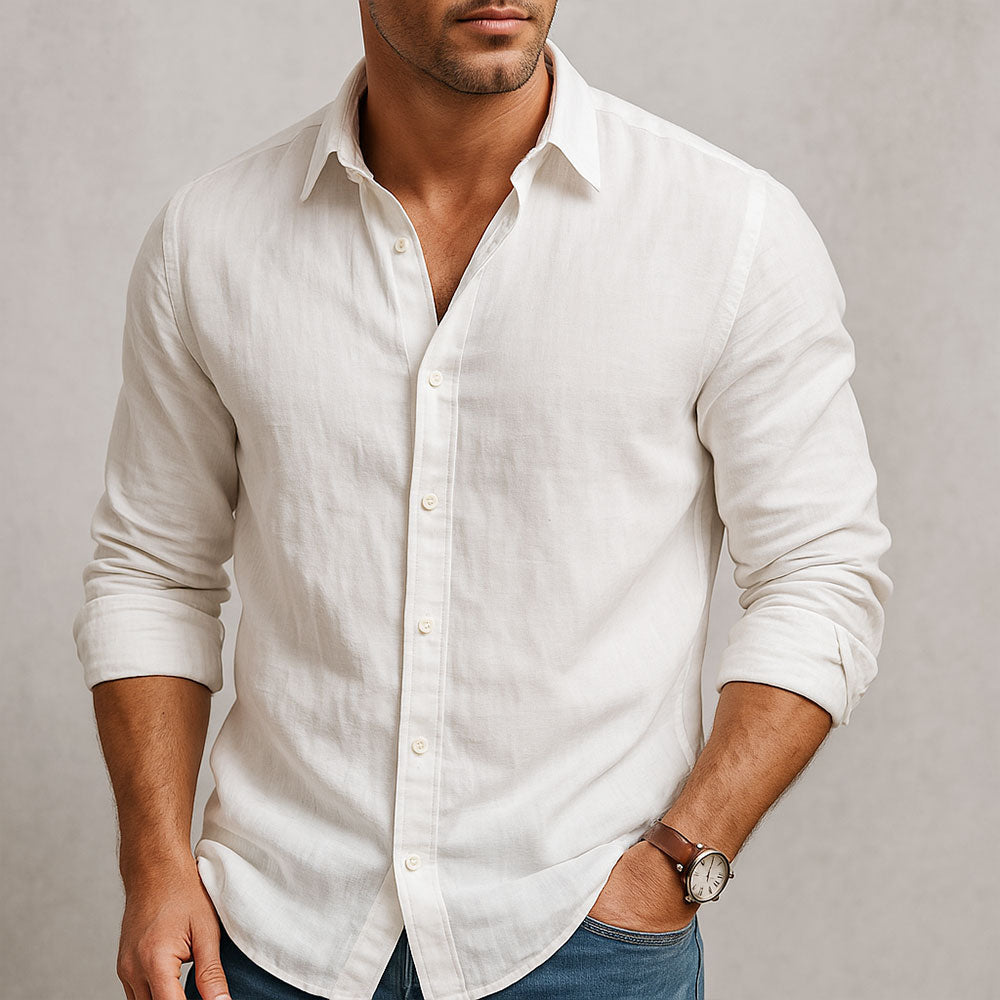Camicia a maniche lunghe uomo per primavera ed estate, con design elegante e collo classico. Versatile, casual o formale.