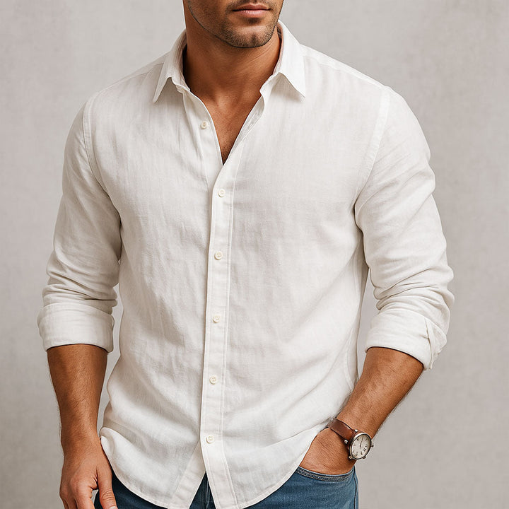 Camicia a maniche lunghe uomo per primavera ed estate, con design elegante e collo classico. Versatile, casual o formale.