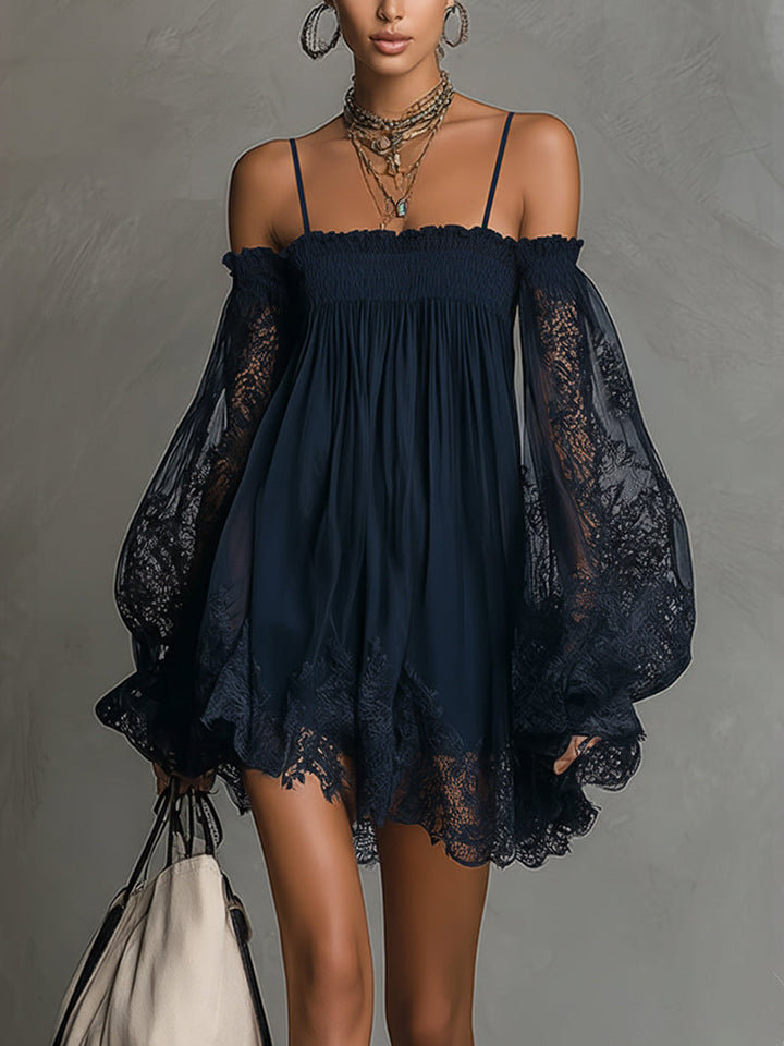 Vestito donna elegante con pizzo e scollo Bardot, perfetto per serate speciali.