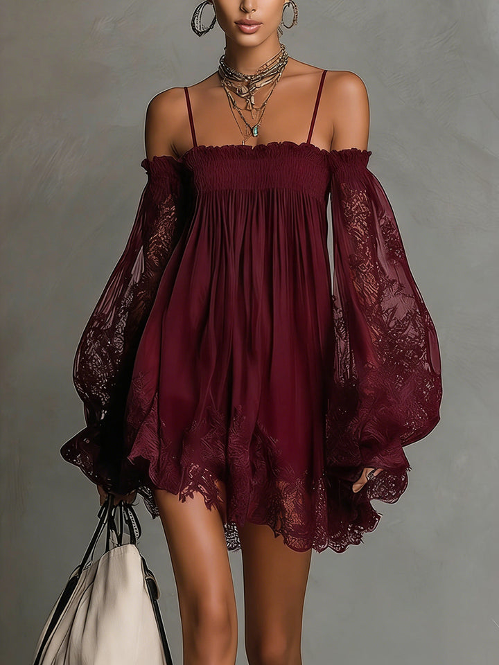 Abito da sera romantico per donna, con scollo Bardot e delicato pizzo.