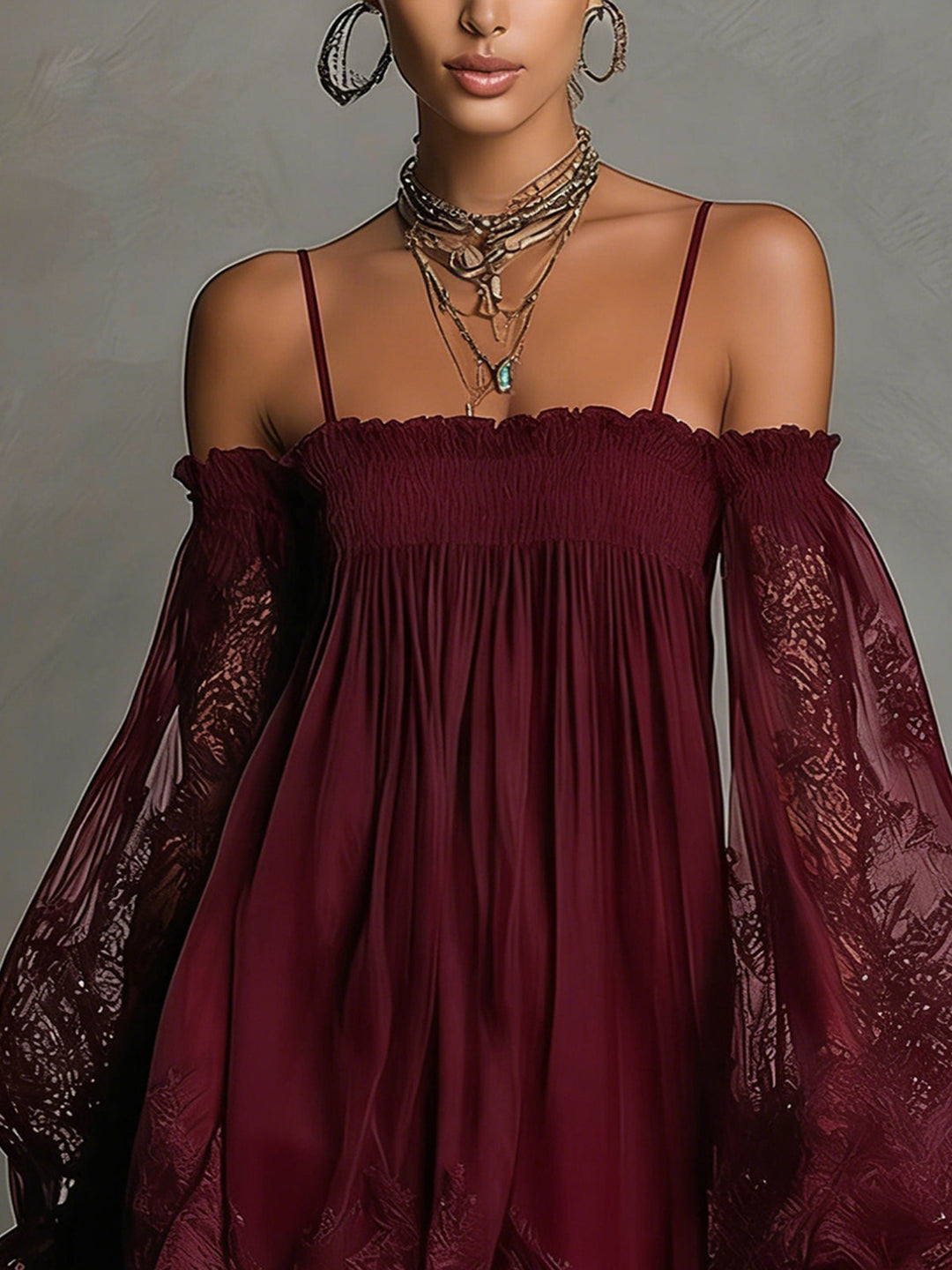 Mini abito elegante da donna con pizzo e scollo Bardot, unisce stile e comfort per la serata.