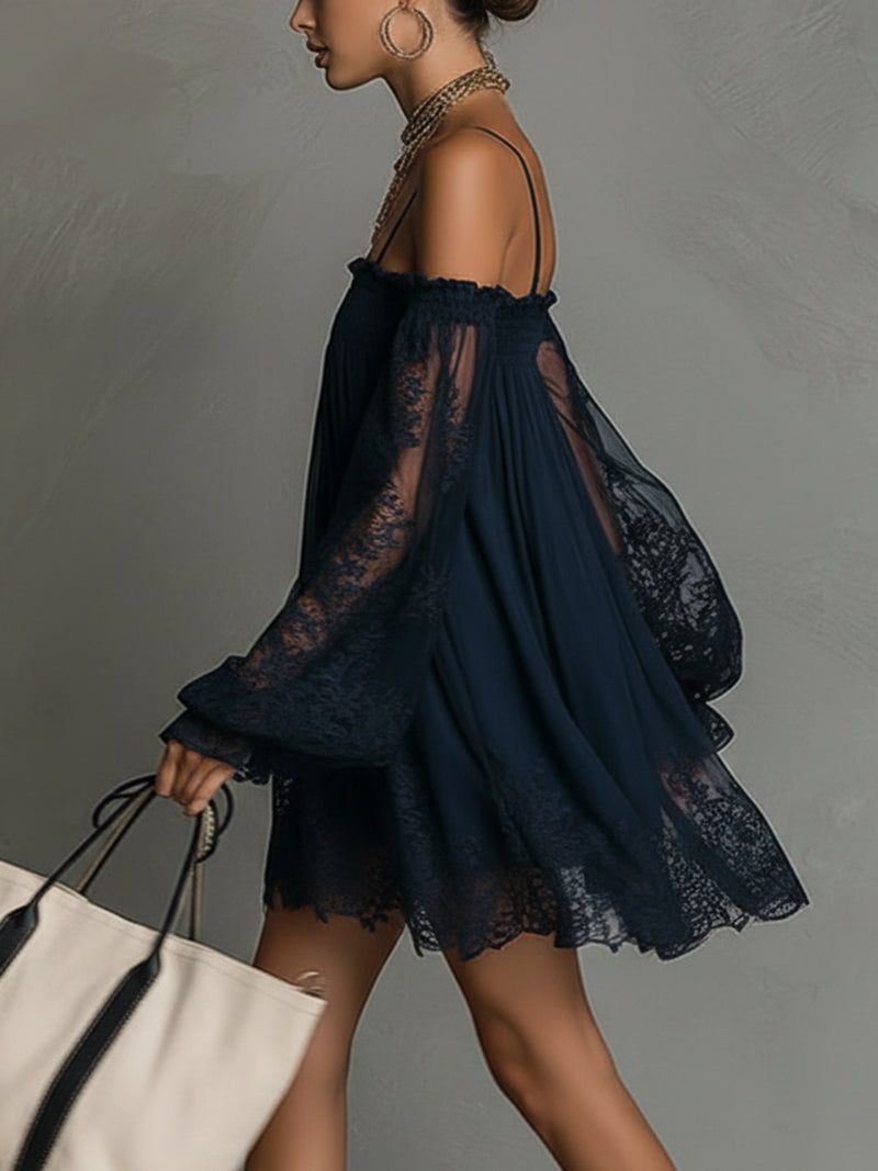 Abito da party donna in pizzo con maniche lunghe e scollo Bardot, per una moda sofisticata.