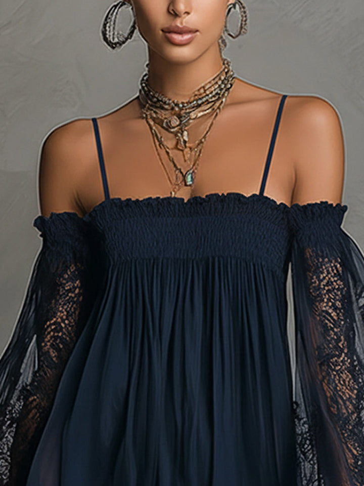 Vestito elegante da donna con pizzo, scollo Bardot e maniche lunghe, crea un look romantico.