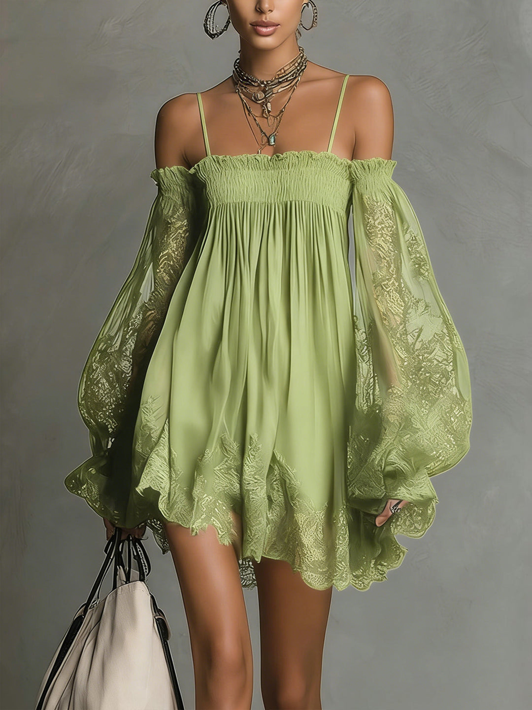 Vestito donna con scollo Bardot, elegante pizzo, maniche lunghe e lunghezza mini.