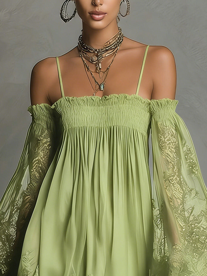 Abito donna alla moda con pizzo, scollo Bardot, versatile per party e serate speciali.