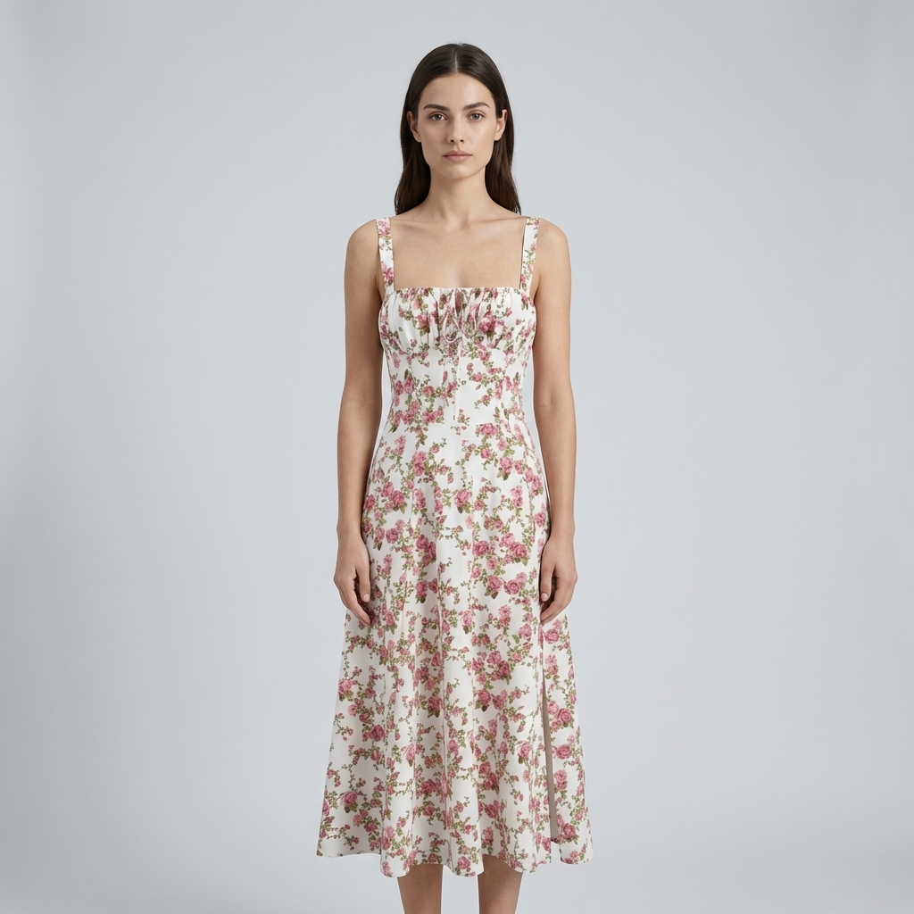 Vestito midi floreale donna rosa, scollo quadrato, ideale per cerimonie autunnali ed eventi eleganti.