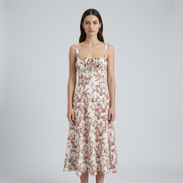 Vestito midi floreale donna rosa, scollo quadrato, ideale per cerimonie autunnali ed eventi eleganti.