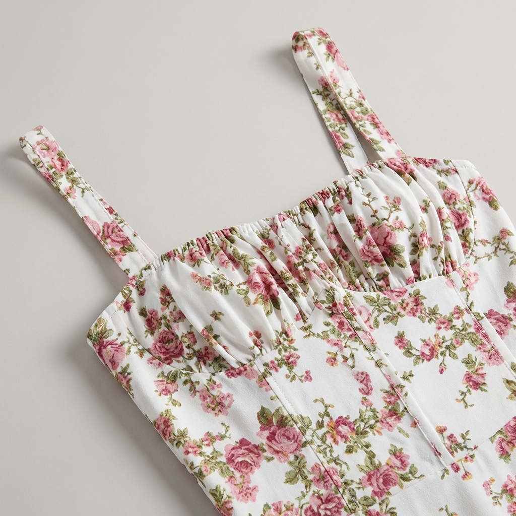 Elegante vestito midi floreale senza maniche con scollo quadrato per ospite di cerimonia autunnale.