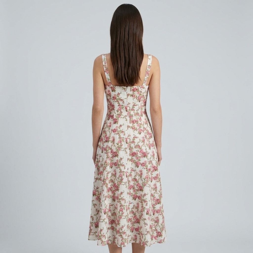 Abito midi floreale rosa da donna con scollo quadrato, stile elegante per feste e occasioni speciali.