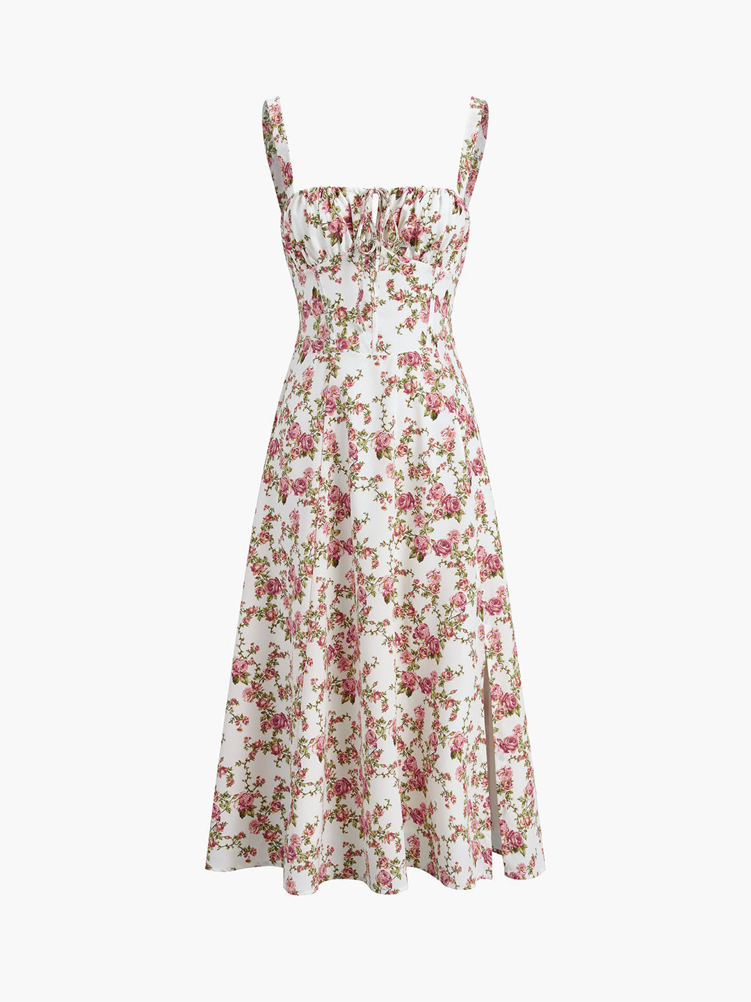Vestito midi floreale rosa donna, scollo quadrato e tessuto confortevole, perfetto per eventi autunnali.