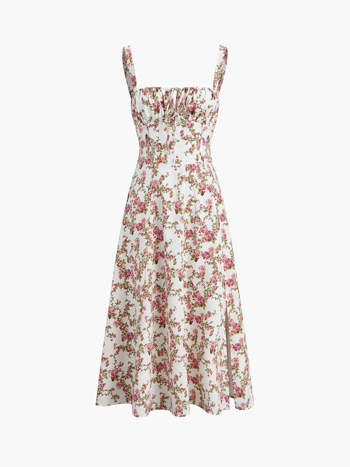 Vestito midi floreale rosa donna, scollo quadrato e tessuto confortevole, perfetto per eventi autunnali.