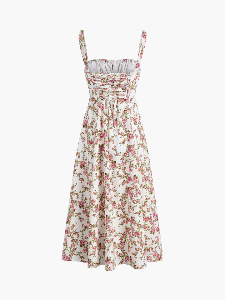 Abito midi da donna elegante floreale, scollo quadrato e silhouette lusinghiera, moda autunnale.