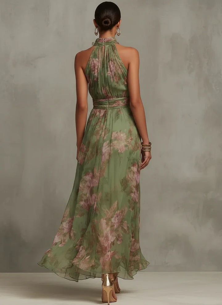 Maxi dress floreale donna elegante con scollo halter, ideale come abito da sera o per cerimonie autunnali.