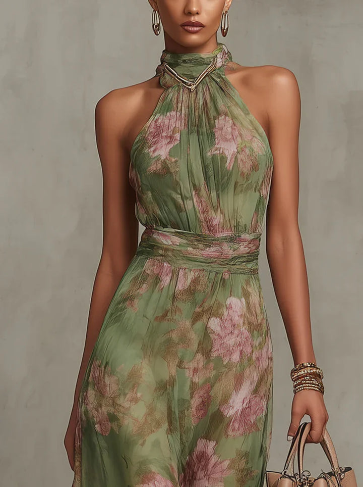 Vestito lungo donna color smeraldo con stampa floreale, un abito da cerimonia autunnale sofisticato ed elegante.