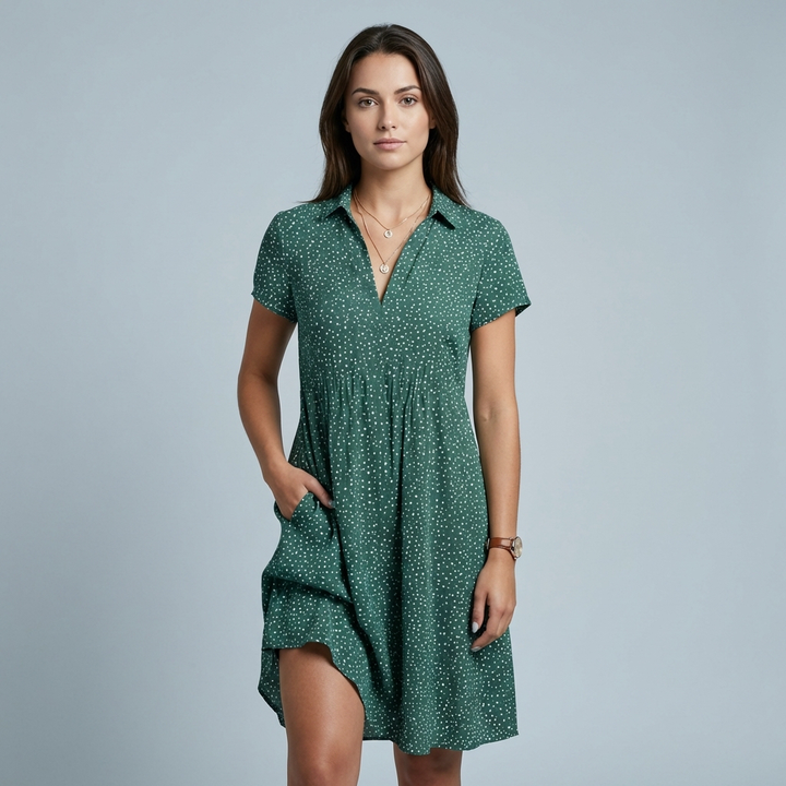 Abito midi donna elegante a pois, colletto revers e scollo a V. Perfetto per primavera/estate.