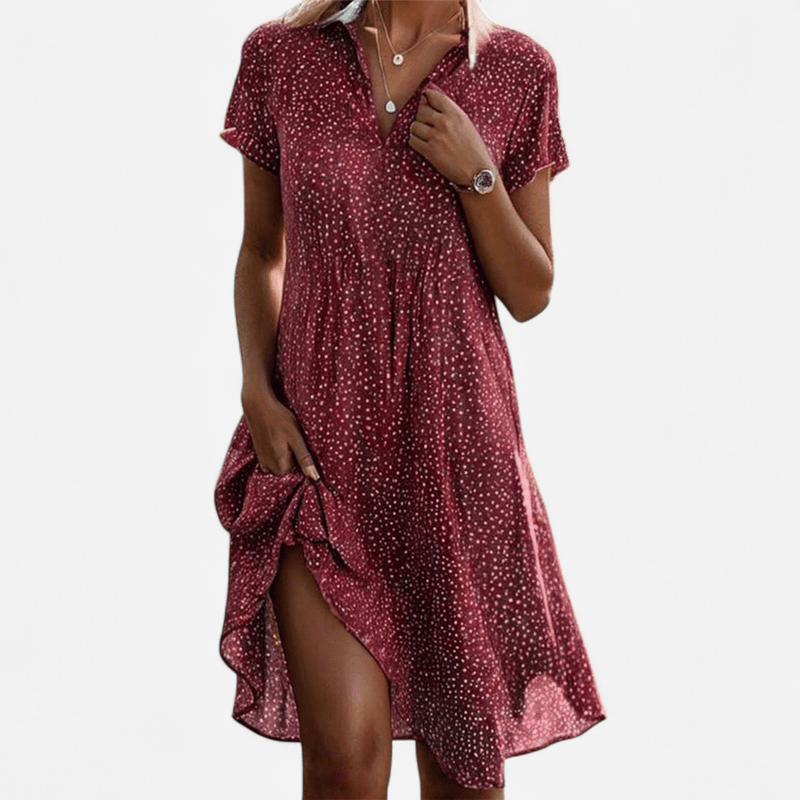 Vestito midi donna blu a pois, scollo a V e colletto revers. Stile primaverile fluido.