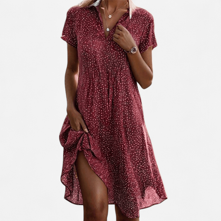 Vestito midi donna blu a pois, scollo a V e colletto revers. Stile primaverile fluido.
