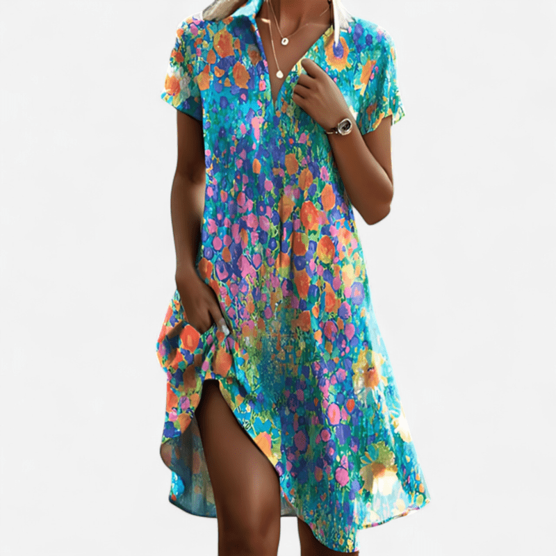 Abito midi donna multicolore a pois, elegante e casual. Versatile per ogni stagione.