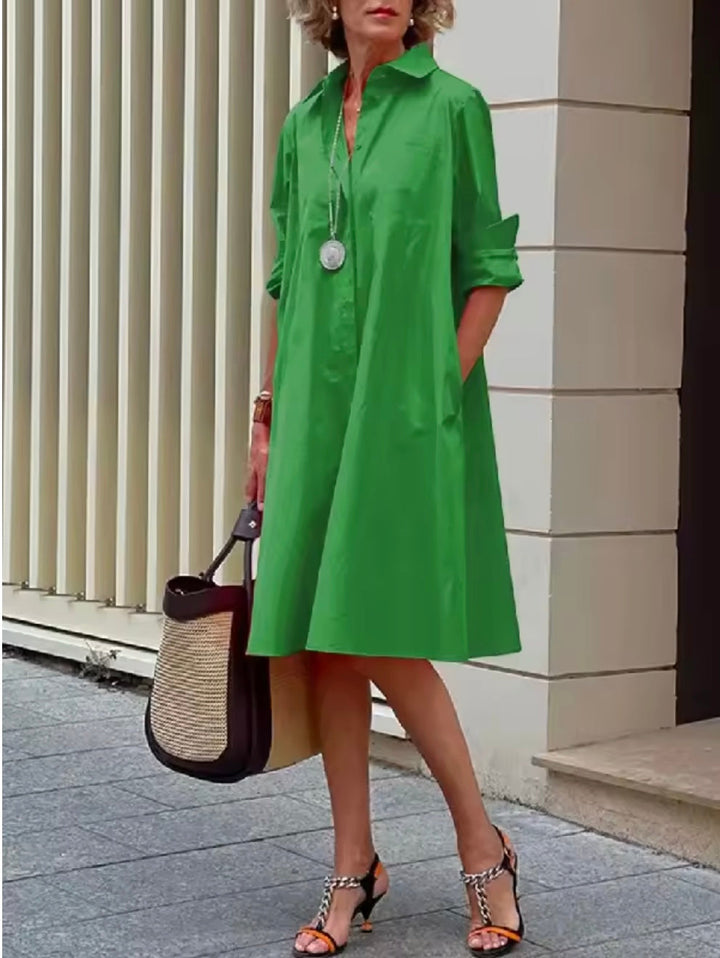 Abito camicia midi elegante da donna, versatile con tasche nascoste, perfetto per primavera/estate.