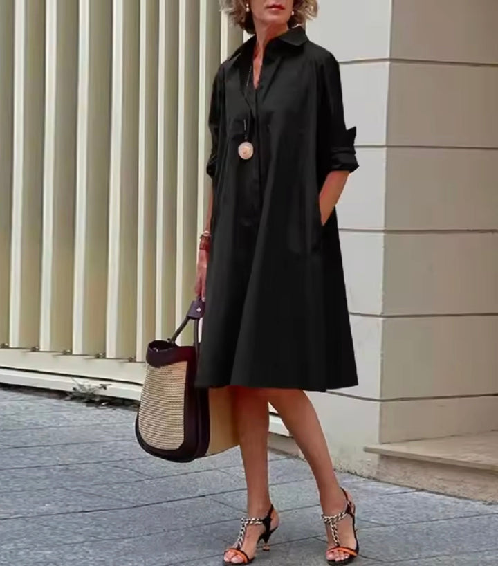 Vestito midi camicia donna elegante, ideale per look casual o formali, primavera estate.
