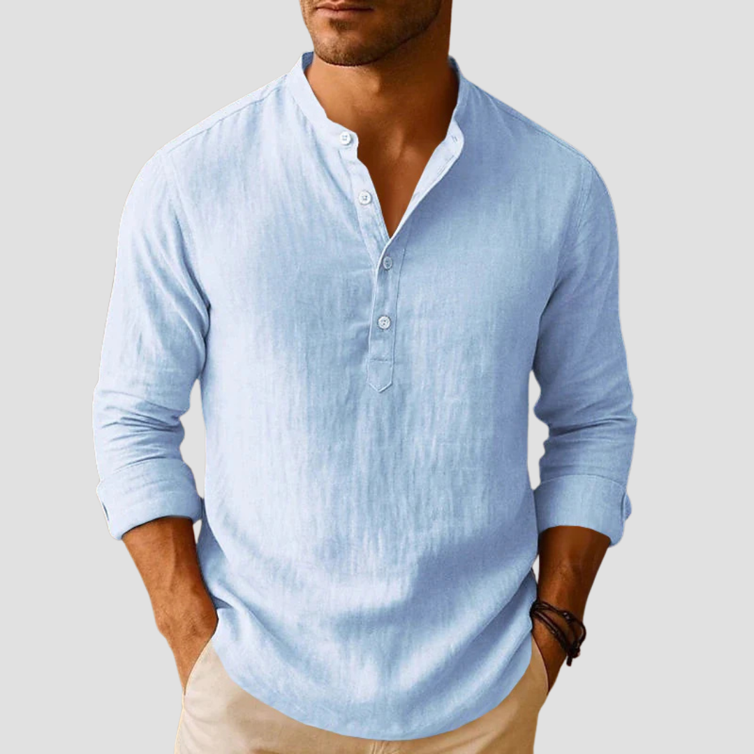 Camicia uomo maniche lunghe, collo alla coreana. Perfetta per look smart casual primavera/estate.