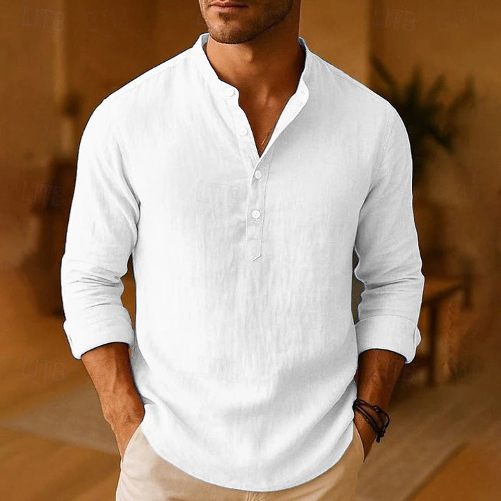Camicia uomo a maniche lunghe con collo alla coreana. Tessuto leggero per primavera, estate e autunno.
