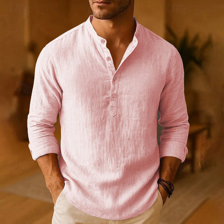 Moderna camicia popover uomo, collo coreana. Design smart casual per un'eleganza confortevole e alla moda.