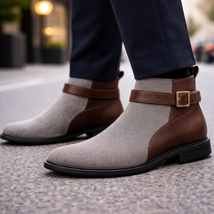 Stivaletti Chelsea da uomo, design moderno con fibbia. Calzature versatili per eleganza e comfort, moda autunno.