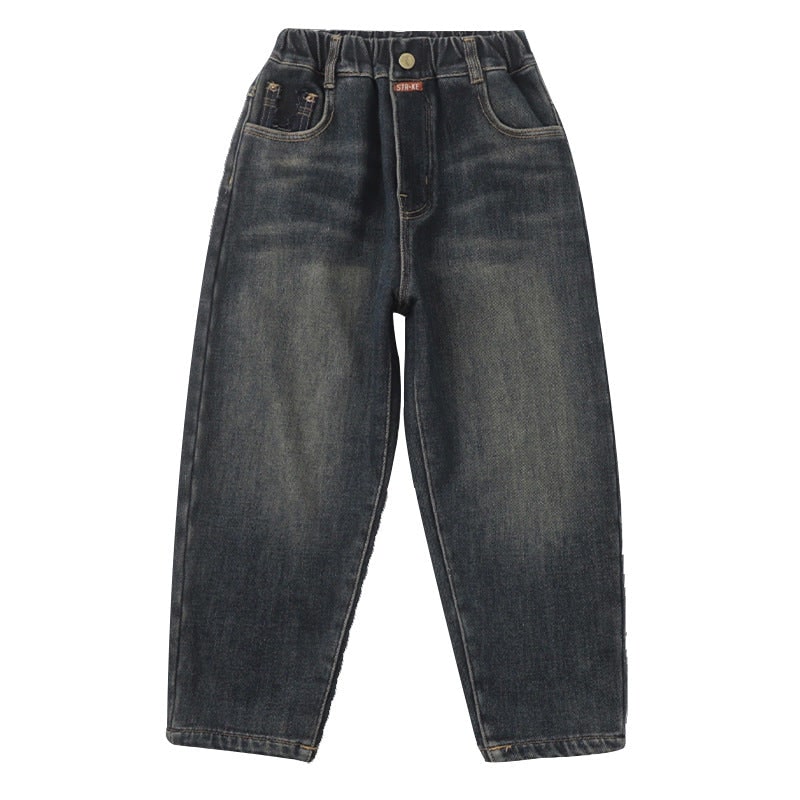 Pantaloni jeans baggy da uomo in denim, con vestibilità morbida, vita elasticizzata e tasche plaid per stile casual.